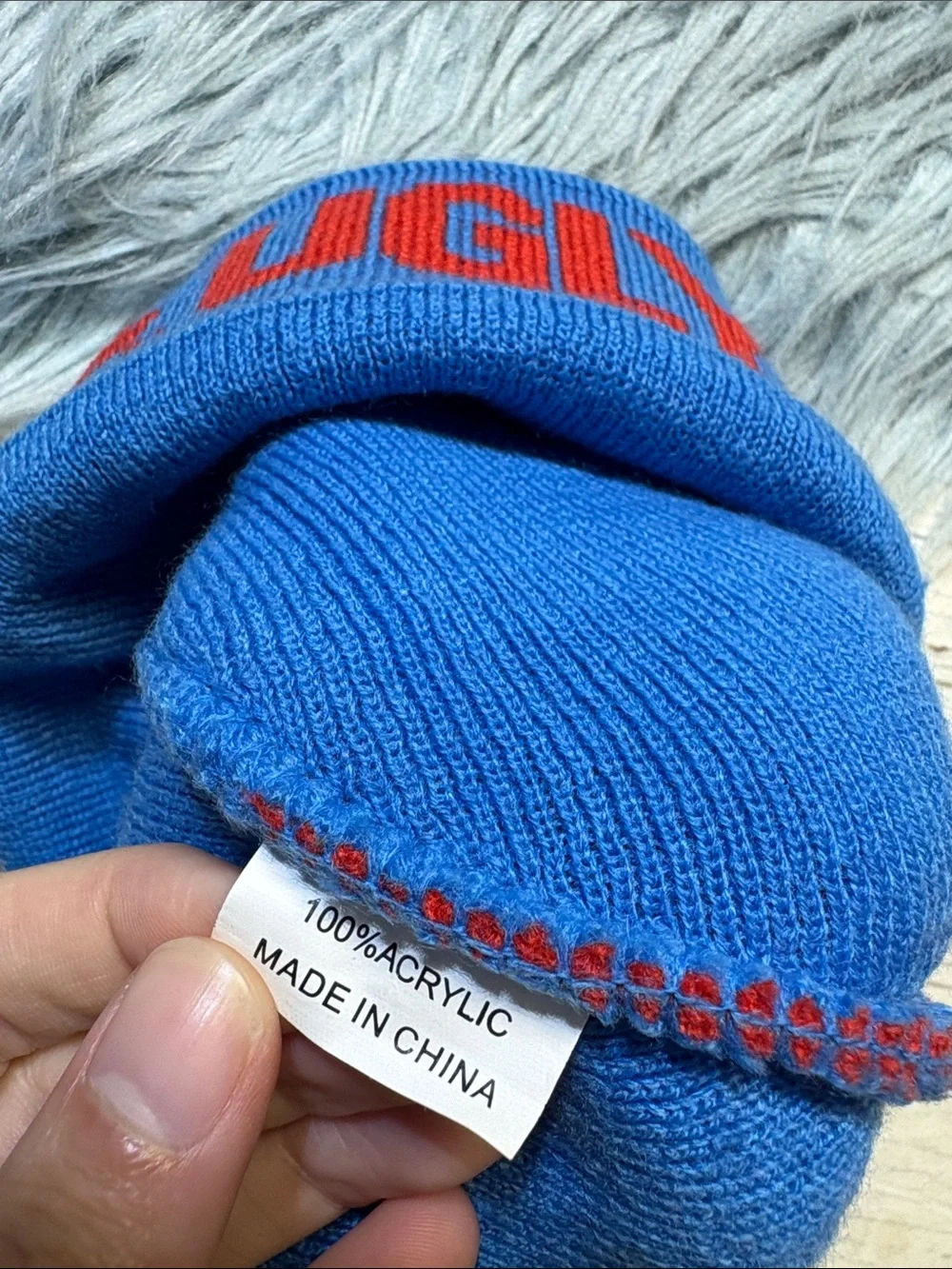 Ugly Sweater Run Red & Blue Pom Pom Knit Beanie